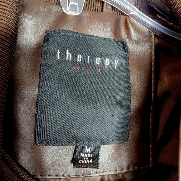 THERAPY women's m faux leather vegan friendly brown asymmetrical zipper jacket - Picture 6 of 12